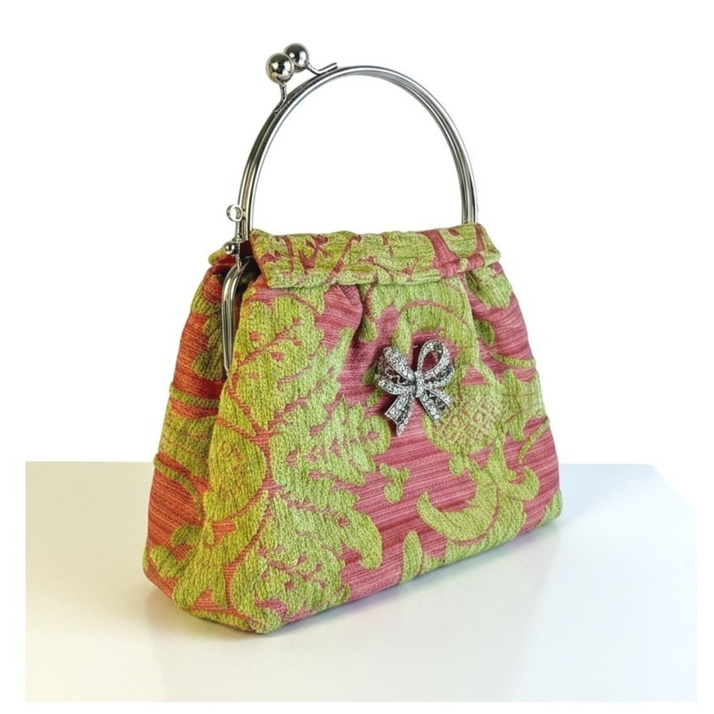 Vintage Kiss-Lock Purse S Pink Green Chenille Damask Rhinestone Bow Coquette Bag